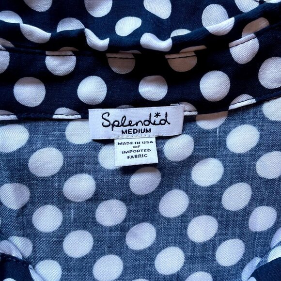 Splendid top M White Blue Polka Dot Long Sleeve Blouse ST1206RT - Picture 3 of 5